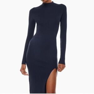 Aritzia Wilfred Blue Ribbed Bodycon Alchemy Dress Mock Neck Long Sleeve